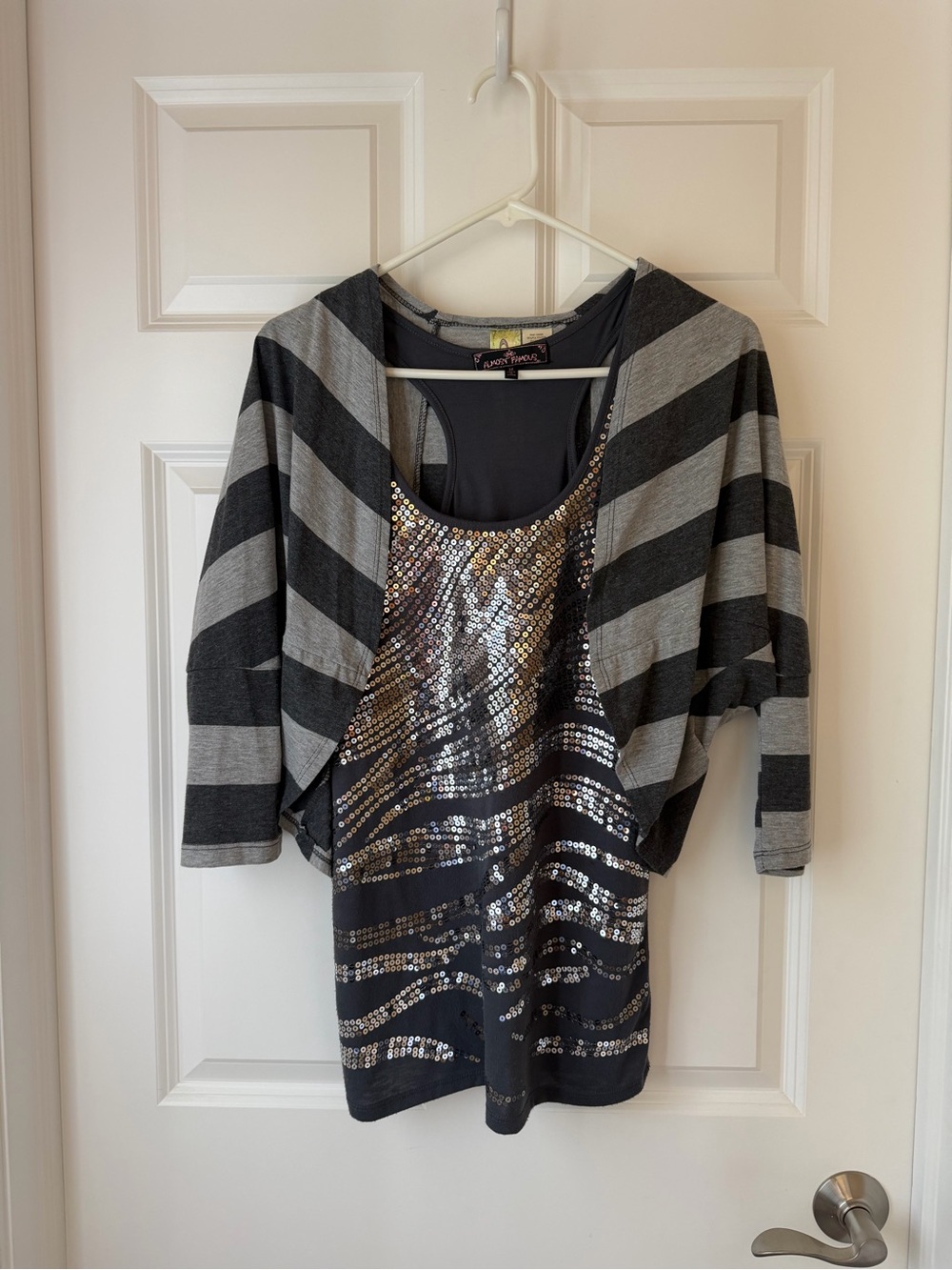 Almost Famous Y2K Sequin Racerback Tank and Striped Shrug Grey Size M